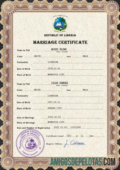 Realista modelo PSD de certidão de casamento da Libéria